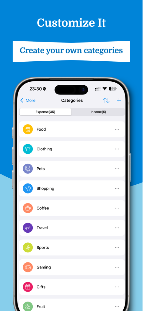 Expense Tracker: EasyBudget - Interface of EasyBudget app showing a list of customizable expense categories with colorful icons like Food, Clothing, and Travel.