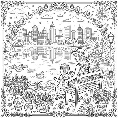 Discover a heartwarming Mother's Day coloring page depicting a tranquil urban lake scene. A mother and child share a peaceful moment, surrounded by blooming flowers and a stunning city skyline, perfect for expressing love through art.