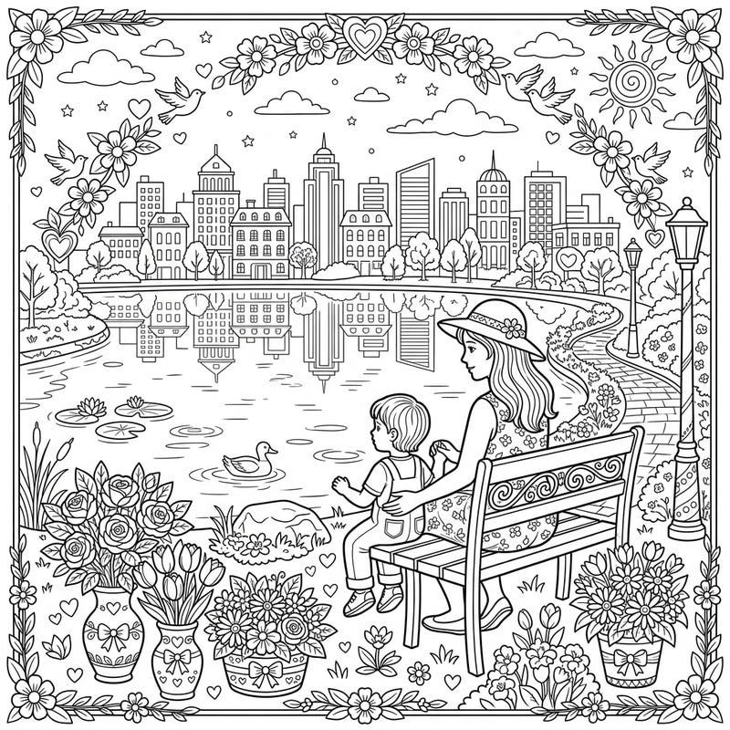 Discover a heartwarming Mother's Day coloring page depicting a tranquil urban lake scene. A mother and child share a peaceful moment, surrounded by blooming flowers and a stunning city skyline, perfect for expressing love through art.