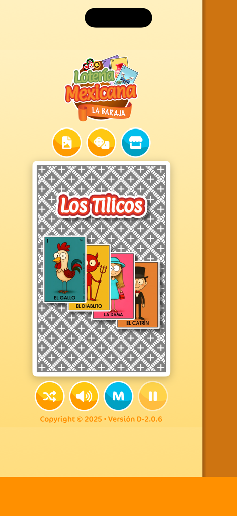 Lotería Mexicana - La Baraja - Interface do aplicativo móvel Loteria Mexicana mostrando cartas tradicionais coloridas e controles do jogo.