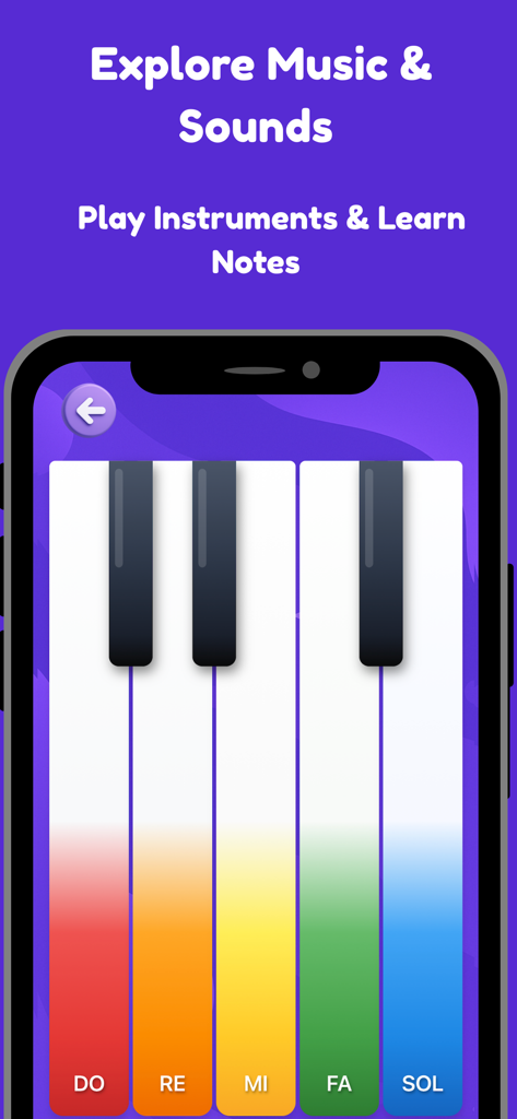 MiaLoo: Toddler Learning Games - Juego educativo de piano para niños que muestra teclas musicales de colores con las etiquetas Do Re Mi Fa Sol.