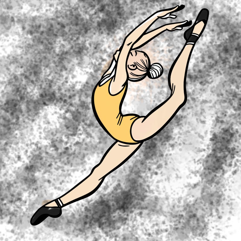 gymnast doing a leap in a leotard with a bent back leg
