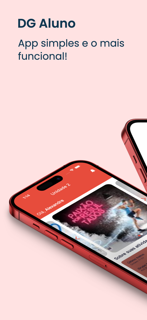 Smartphone screen showing the DG Aluno gym management application interface with fitness workout details