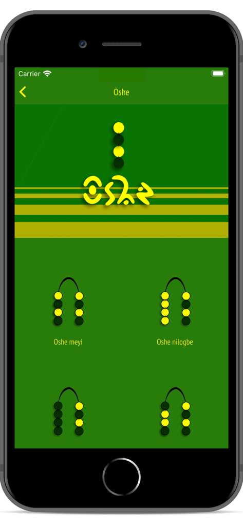 Signos Ifa - Pantalla de la aplicación Signos Ifa mostrando diferentes signos y símbolos de adivinación de Oshe