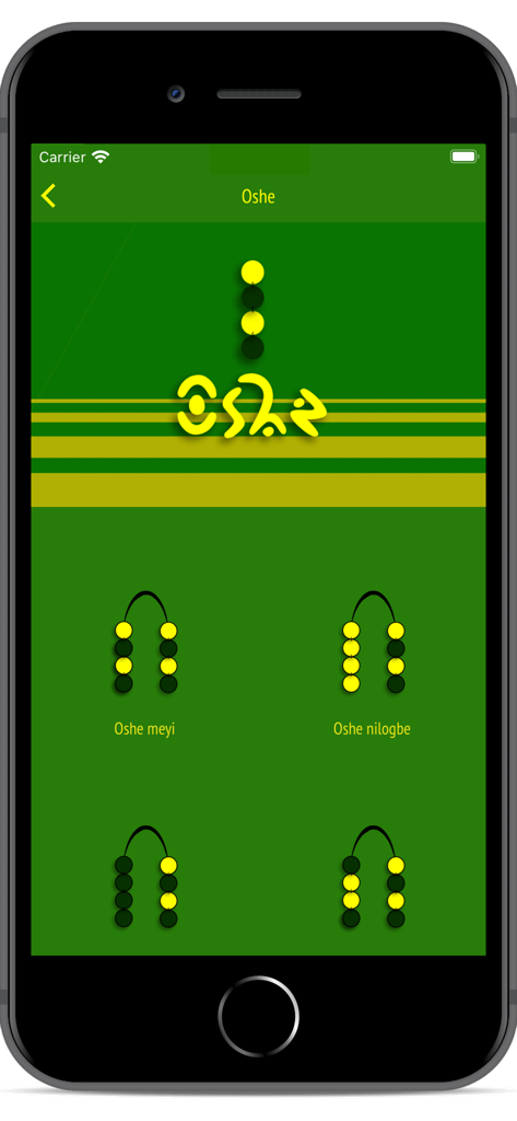 Pantalla de la aplicación Signos Ifa mostrando diferentes signos y símbolos de adivinación de Oshe