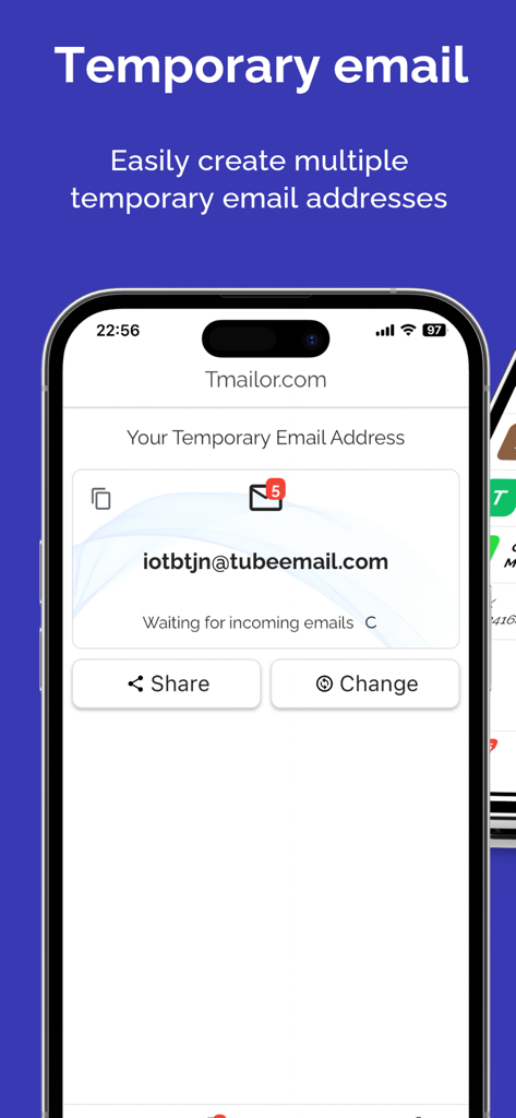 Un smartphone montrant l'application Temp Mail avec une adresse e-mail temporaire affichée