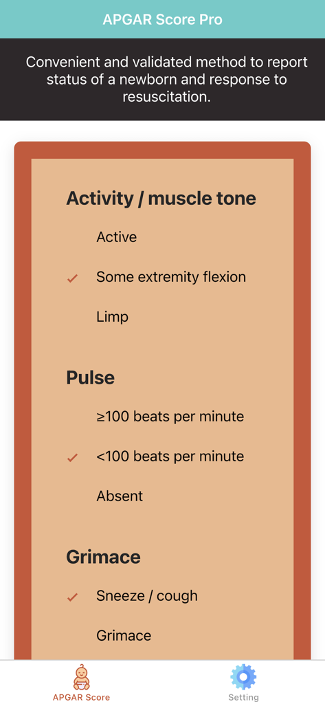 新生児の医療評価基準を示すPediatric APGAR Scoreアプリのインターフェース