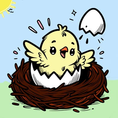 a baby chick hatching from an egg in a nest
