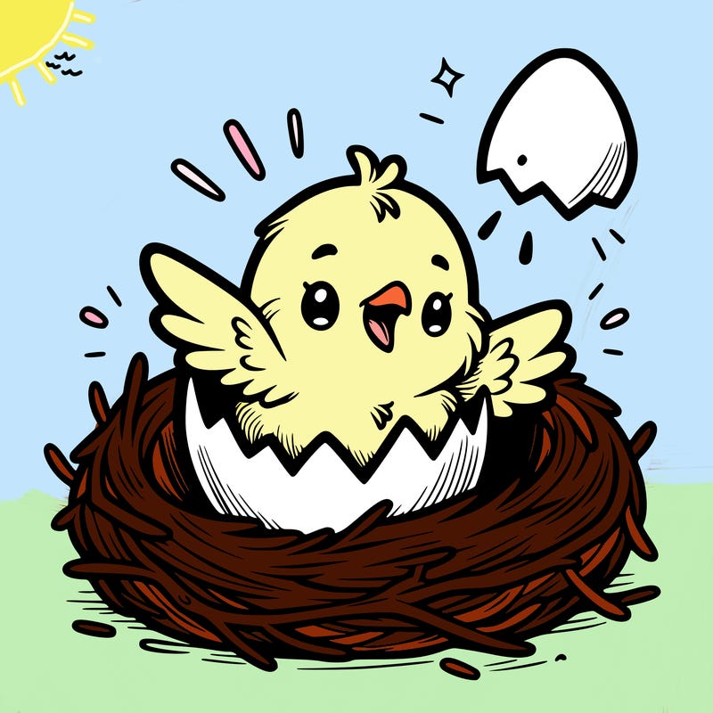 a baby chick hatching from an egg in a nest