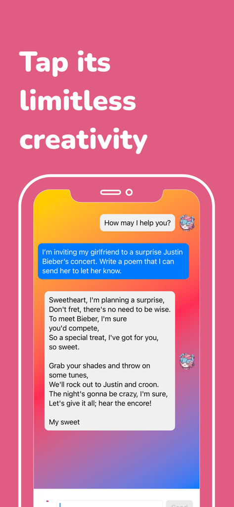 A chat interface of the Chatbot Activate AI app showing an AI assistant generating a creative poem for a concert invitation.