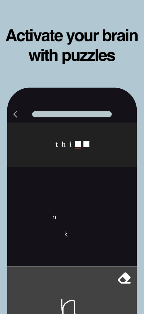 BrainDojo: Brain Training Game - Captura de pantalla de la aplicación BrainDojo que muestra un rompecabezas de palabras para escribir a mano para activar el cerebro.