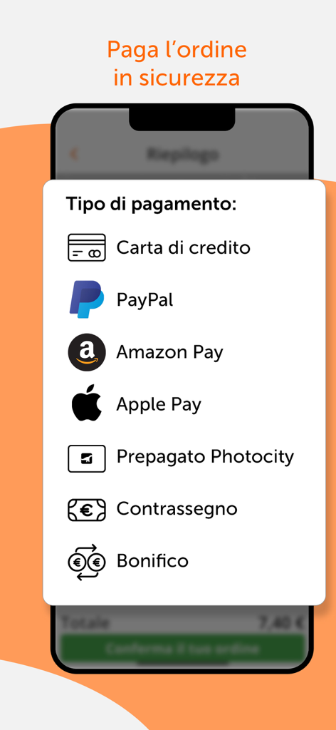 Photocity Studio - Stampa foto - Schermata delle opzioni di pagamento sicuro in Photocity Studio app, inclusi PayPal, Apple Pay e Amazon Pay
