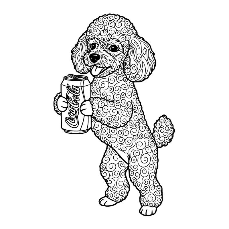 a miniature poodle standing on its hind legs and holding a coca-cola can.