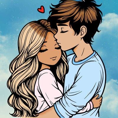 a realistic couple boy and girl hugging and kissing