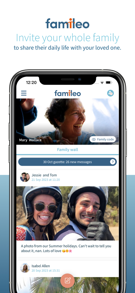 Écran de smartphone affichant le mur familial de l'application Famileo avec des photos et des messages partagés par les proches.
