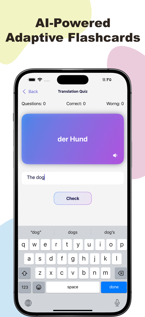 Kalimati -Learn a new language - Una pantalla móvil que muestra un cuestionario de traducción al alemán en la aplicación Kalimati con una tarjeta de memoria para 'der Hund'.