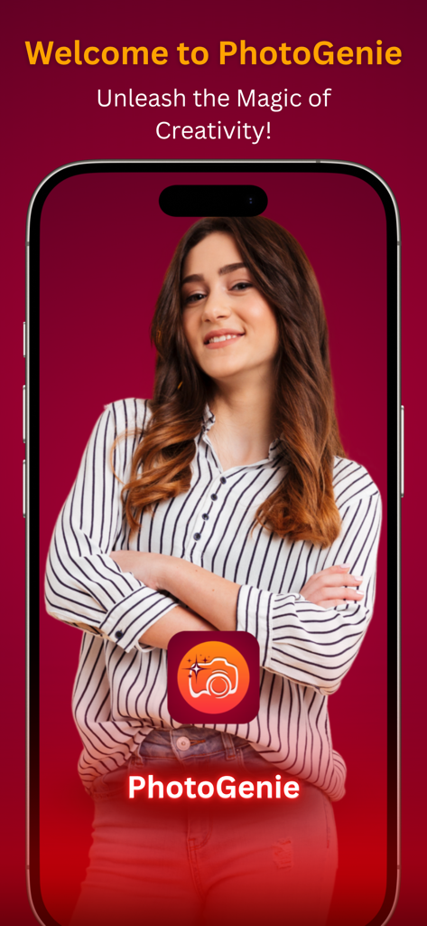 PhotoGenie Ultra - Écran d'accueil de PhotoGenie Ultra affichant un portrait sur un iPhone avec le slogan Libérez la magie de la créativité