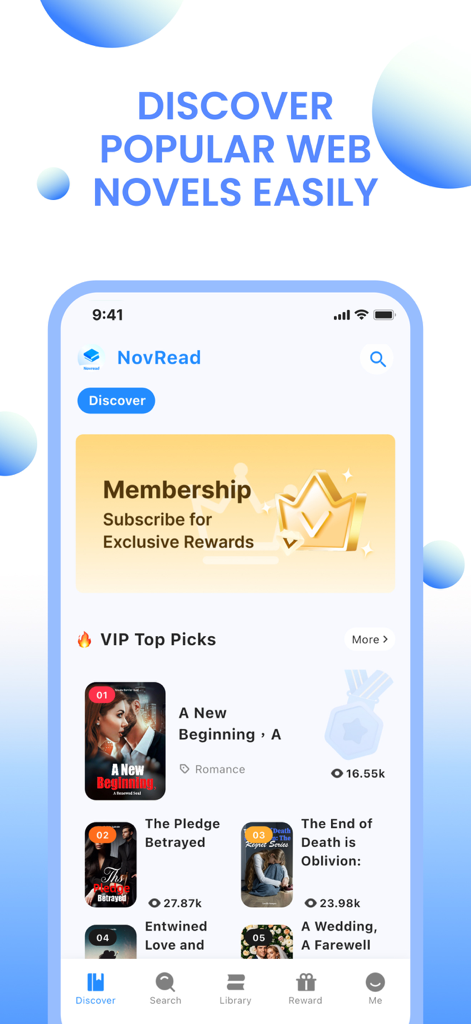 L'interface de l'application NovRead affichant une liste de web-romans populaires et une bannière de récompenses d'adhésion
