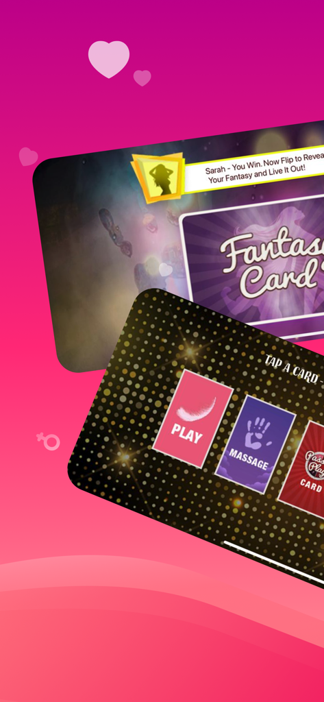 Passion Playアプリのインターフェース。カップル向けのインタラクティブなファンタジーカードとプレイカードが表示されている