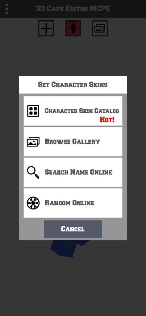 Options menu for selecting character skins in the Cape Skin Editor for MCPE app.