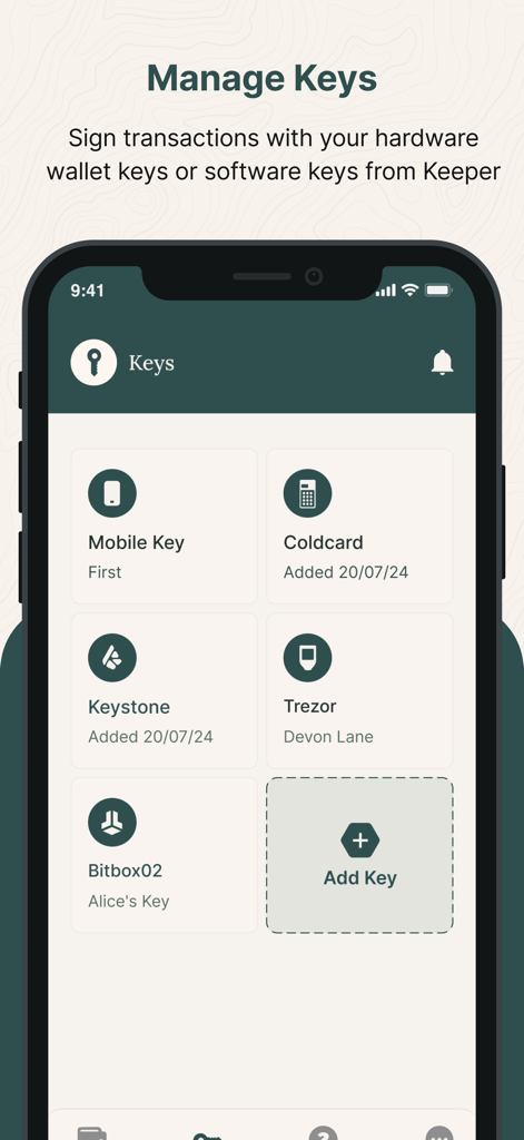 모바일 키, Coldcard, Keystone, Trezor 및 Bitbox02 옵션으로 보안 키를 관리하는 비트코인 키퍼 앱 화면