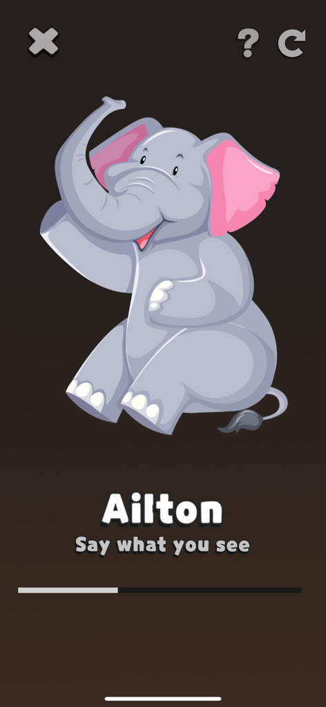 Hey, Dare! Adult Party Games - Una captura de pantalla de la aplicación Hey Dare que muestra un elefante de dibujos animados con el texto Ailton Di lo que ves