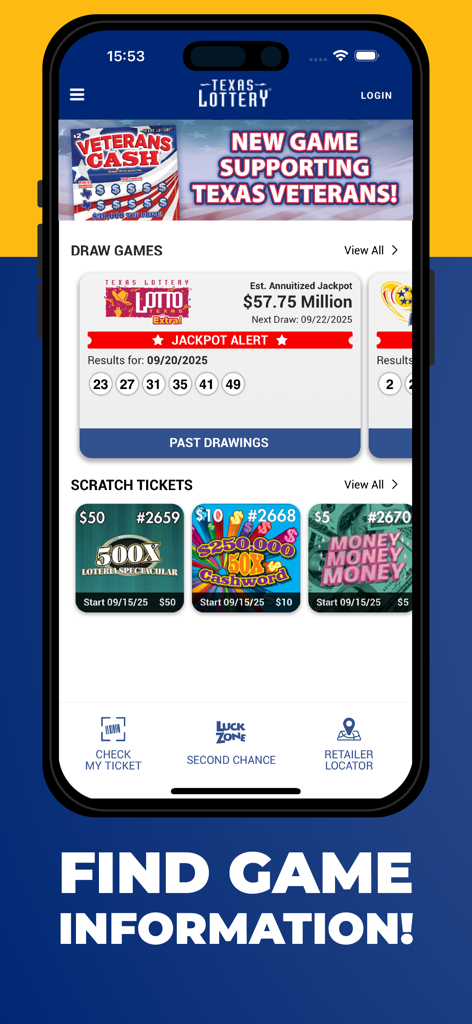 Tableau de bord de l'application officielle Texas Lottery présentant les alertes de jackpot Lotto Texas et divers jeux de tickets à gratter