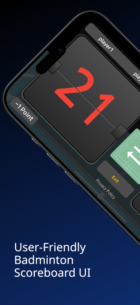 mintonBoard - A user-friendly badminton scoreboard interface for the mintonBoard mobile app showing a game score of 21.