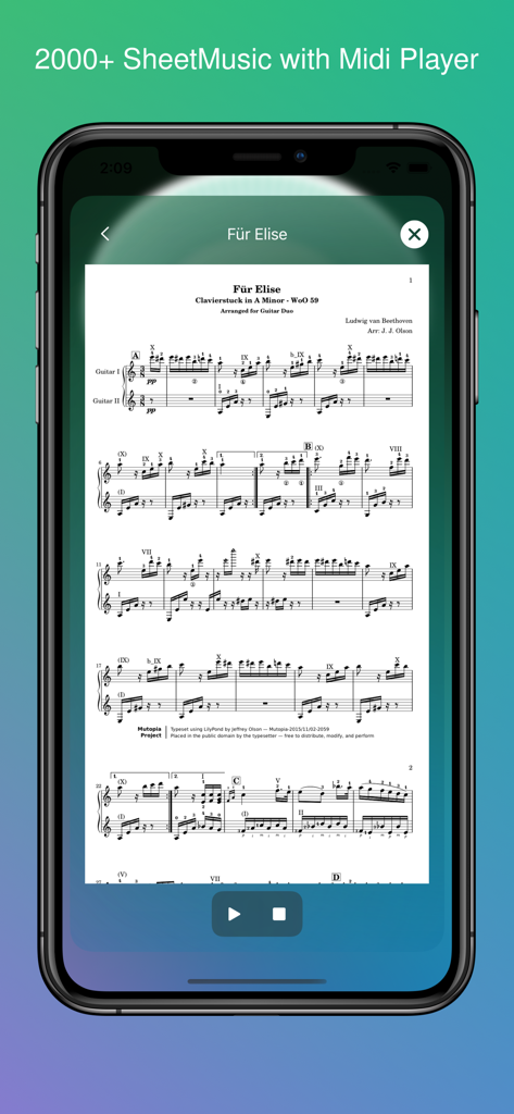 Metronome - Metronome Pro - Metronome Proアプリのインターフェースに、統合されたMIDIプレーヤーを備えたエリーゼのための楽譜が表示されている