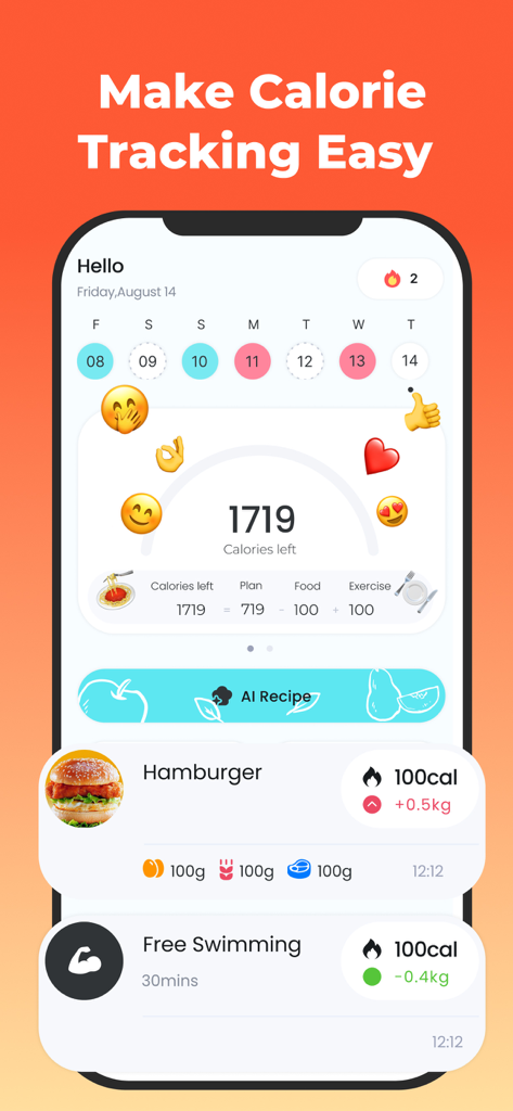 FitCal AI-Calorie Counter&Diet - FitCal AI app dashboard showing calorie tracking with a logged hamburger and swimming exercise