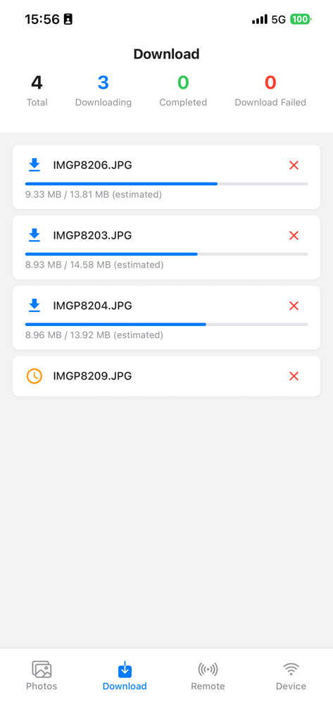 Smart Photo Sync - Smart Photo Sync app interface showing the progress of multiple photos downloading from a camera.