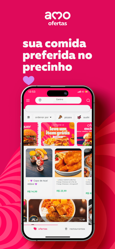 Smartphone-Bildschirm, der Food-Rabatte und Angebote in der Amo Ofertas-App anzeigt