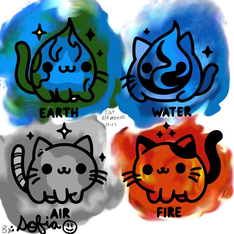 4 cats that represent the different elements, earth, water, air, and fire