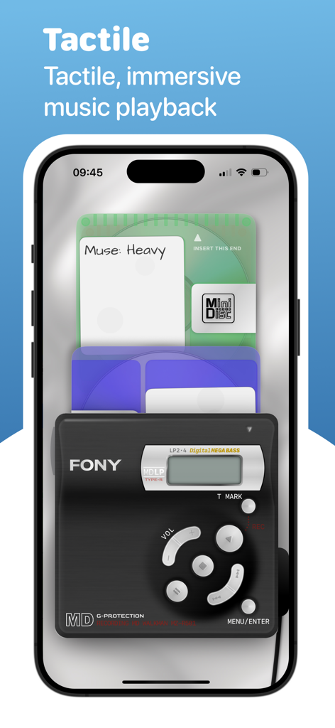 MD Player - Skeumorphe digitale MiniDisc-Player-Oberfläche auf einem iPhone-Bildschirm