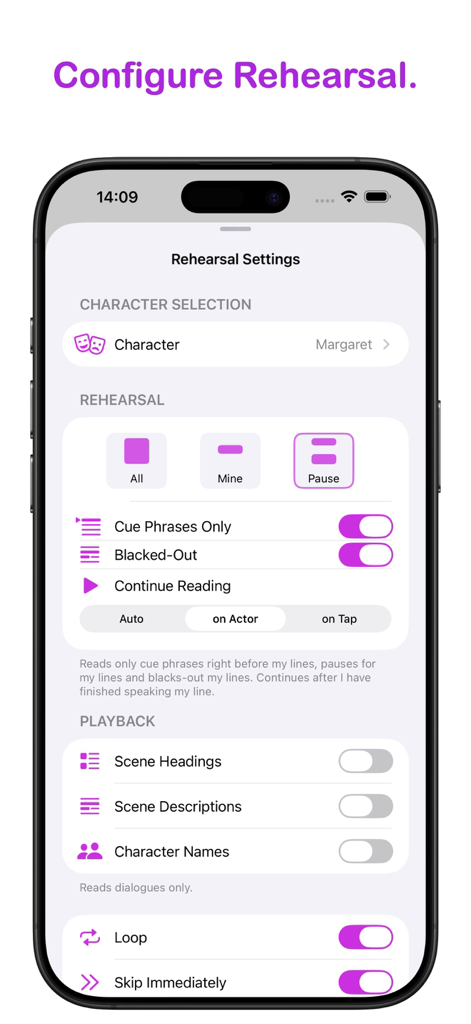 A mobile screen showing the rehearsal settings of the Script Buddy app for configuring character selection and playback options.