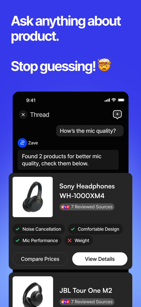 Zave: AI Shopping Assistant - Zave AI assistant interface providing product reviews and feature comparisons for headphones based on a user question
