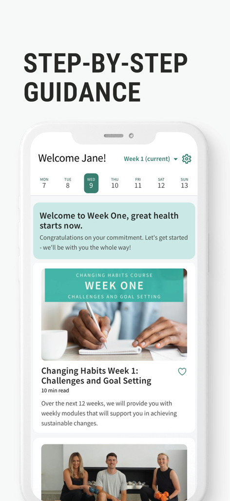 A smartphone showing the Fast 800 app interface with step by step guidance and habit changing courses.