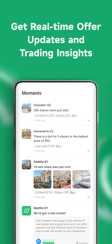 Ark7: Real Estate Investing - Ark7 app interface showing real-time real estate property share sales and market insights