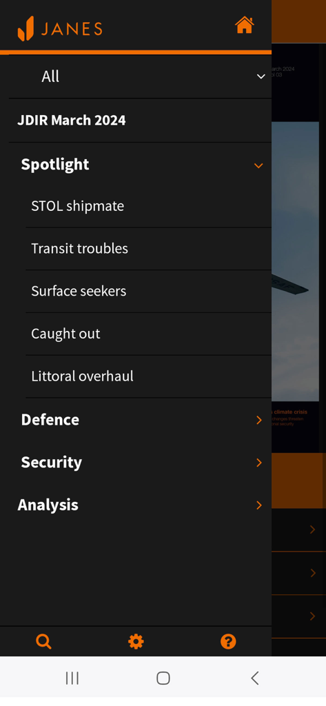 Navigation menu of the Janes Magazines app listing defense and intelligence articles