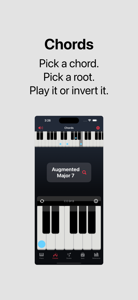 Nota - Chords & Scales Piano - Oberfläche der Nota-App, die den Akkordbrowser und die Klaviertastatur für einen augmentierten Dur-7-Akkord zeigt.
