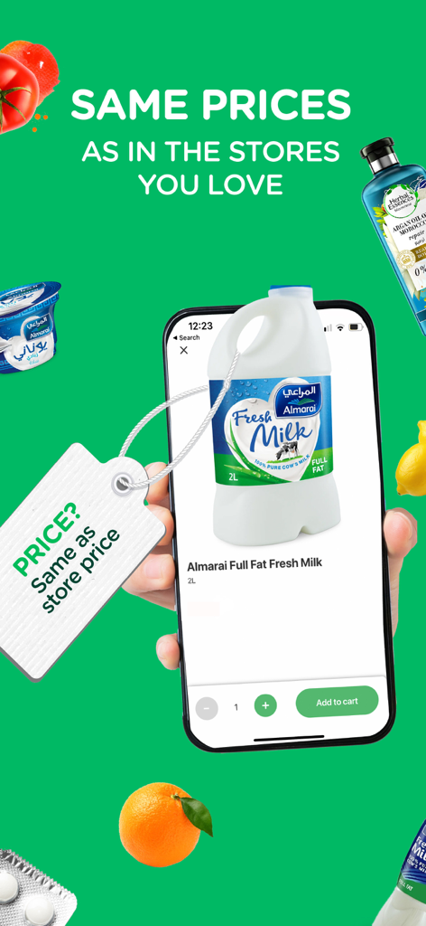 elGrocer mobile app screen showing fresh milk with a price tag indicating same as store prices