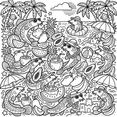 Get ready for a sun-soaked adventure with this dynamic coloring page featuring cool loaches enjoying a vibrant summer vacation. Perfect for teens, this intricate design combines playful marine life with tropical fruits and beach elements for endless creative fun.