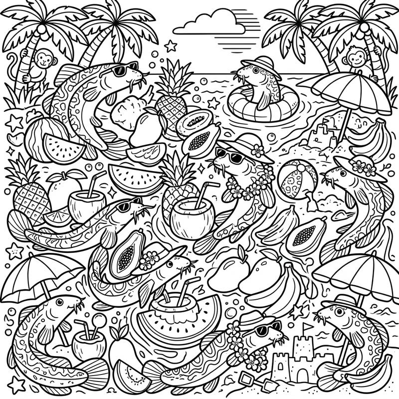 Get ready for a sun-soaked adventure with this dynamic coloring page featuring cool loaches enjoying a vibrant summer vacation. Perfect for teens, this intricate design combines playful marine life with tropical fruits and beach elements for endless creative fun.