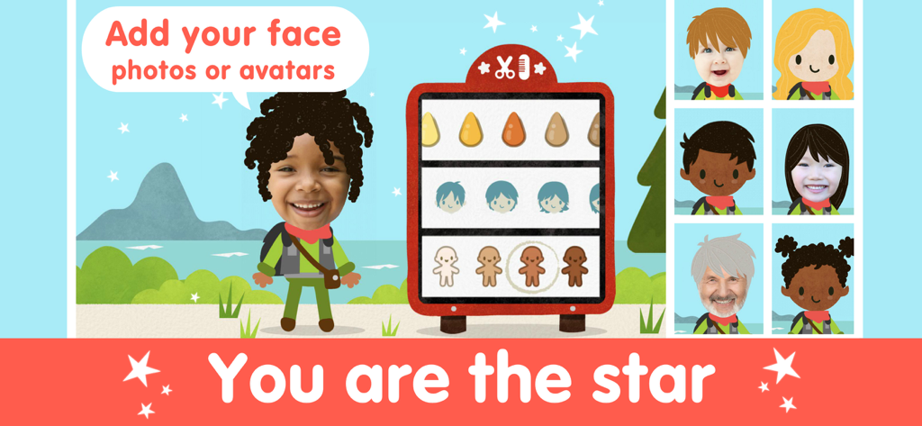 Dinosaur Puzzle Kid Dino Game - Pantalla del creador de personajes en el Juego de Puzzles de Dinosaurios para Niños donde los niños pueden añadir su foto o avatar para ser la estrella del juego