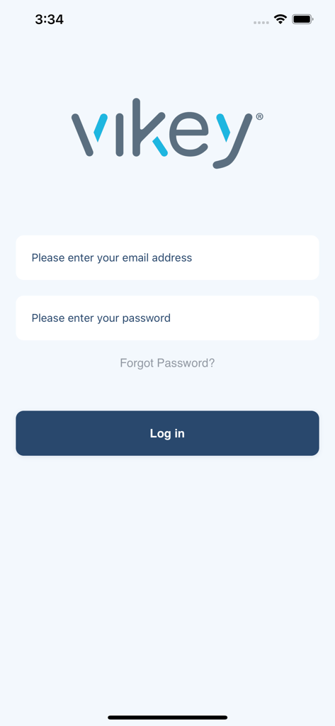 Vikey Host - Anmeldeoberfläche der Vikey Host App mit Eingabefeldern für E-Mail und Passwort sowie einer Anmelde-Schaltfläche