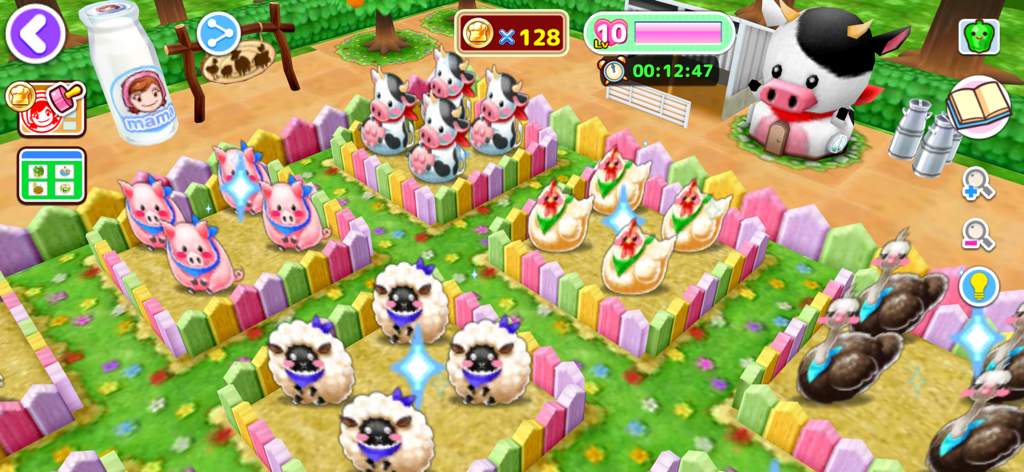 Um colorido rancho de animais em Cooking Mama Lets Cook, apresentando currais com porcos, vacas, ovelhas, galinhas e avestruzes