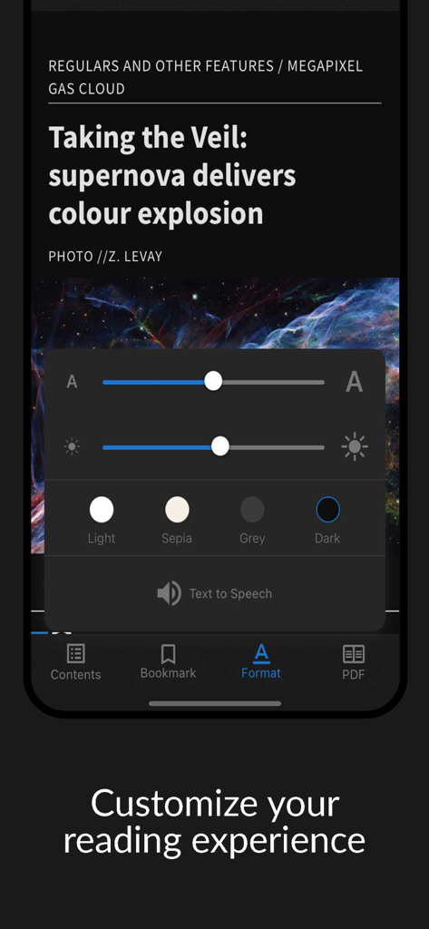 Science Illustrated - Screenshot of the Science Illustrated app showing reading customization options like font size and theme selection over a supernova article.