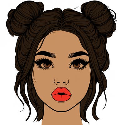 realistic girl with two buns on her hair and lips