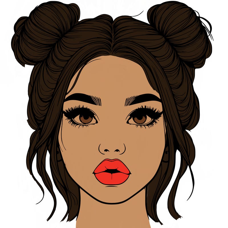 realistic girl with two buns on her hair and lips