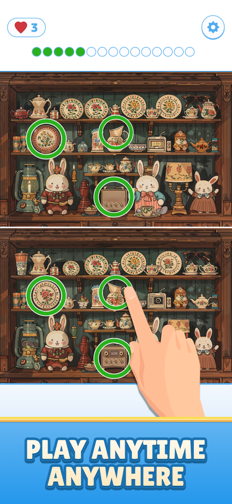 Find Master - Spot Differences - Puzzle "trova le differenze" di Find Master con uno scaffale di servizi da tè vintage e statuette di conigli